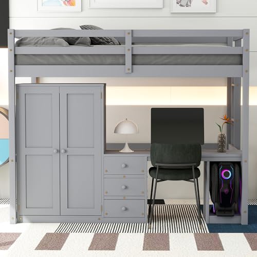 Full Size Loft Bed with Desk and Wardrobe, Solid Wood Loft Bed Frame with Storage Drawers, for Kids Teens Adults (Gray, Full)