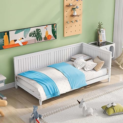 Wood Twin Daybed Frame,Day Bed Frames with Solid Wood Slat Support, Low Profile Platform Sofa Bed with Arm and Back for Toddlers Kids Teens Adults Easy Assemble (Twin, Grey)