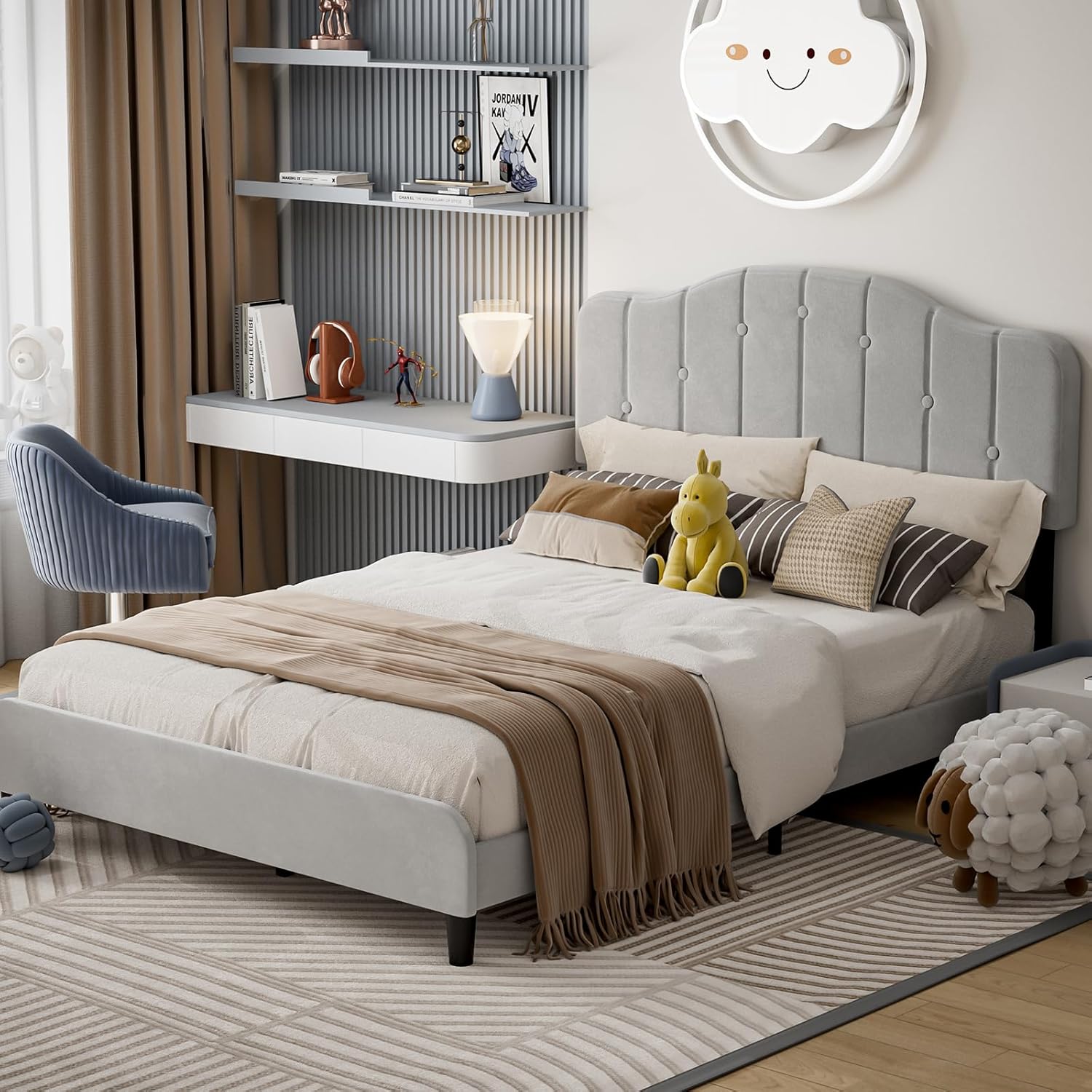 IKIFLY Velvet Upholstered Full Size Bed Frame - Button Tufted Full Platform Bed with Adjustable Headboard, Solid Wood Slats Support, No Box Spring Needed, Easy Assembly - Light Grey