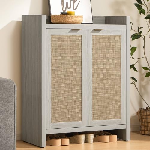 SICOTAS Shoe Cabinet Set of 2, Large Capacity Shoe Storage Organizer Cabinet, Tall Rattan Shoe Cabinet with Doors and Shelves, 6-Tier Farmhouse Boho Wood Storage Cabinet for Entryway Hallway Bedroom