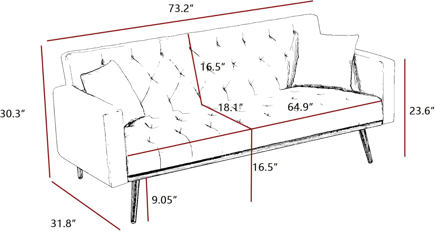Modern Velvet 2 in 1 Futon Sofa Bed,Convertible Folding Sleeper Bed Couches with 2 Pillows,73