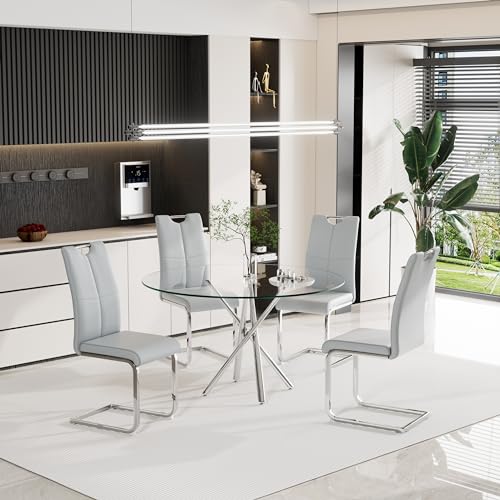 42 inch Round Glass Dining Table Set for 4, Round Kitchen Table Chairs Set of 4, Modern Tempered Glass Top Table with Tubular Metal Legs & 4 PU Leather Chairs, Black & Gold