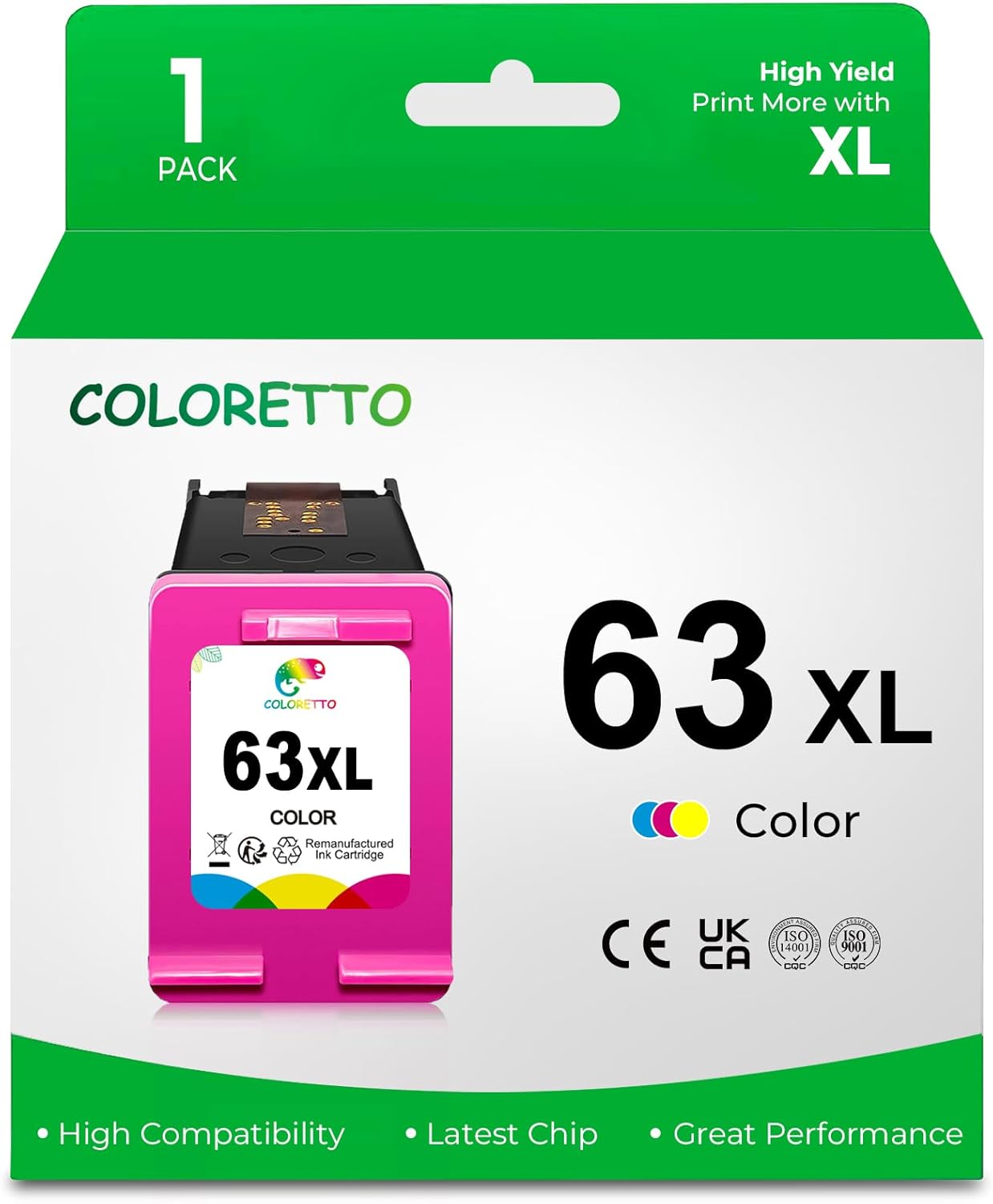COLORETTO 63XL Ink Cartridges for HP Officejet 3830 4650 5212 5255 5258 Envy 4512 4516 4520 Deskjet 1112 2130 2132 3630 Printers as replacement of HP 63 XL hp63 hp63xl hp ink 63 (1 Color)