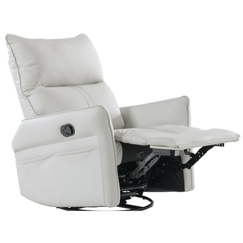 Swivel Rocker Recliner, Leather Rocker Recliner with 360 Degree Swivel & Reclining Function, Glider Recliner Nursery Chair with Adjustable Footrest and Pocket, Recliners for Small Spaces