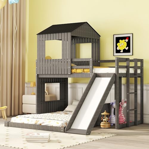 MERITLINE House Bunk Beds with Slide, Twin Over Full Bunk Bed for Kids with Playhouse Design, Wood Toddler Bunk Beds with Roof,Windows and Ladder for Boys or Girls, White