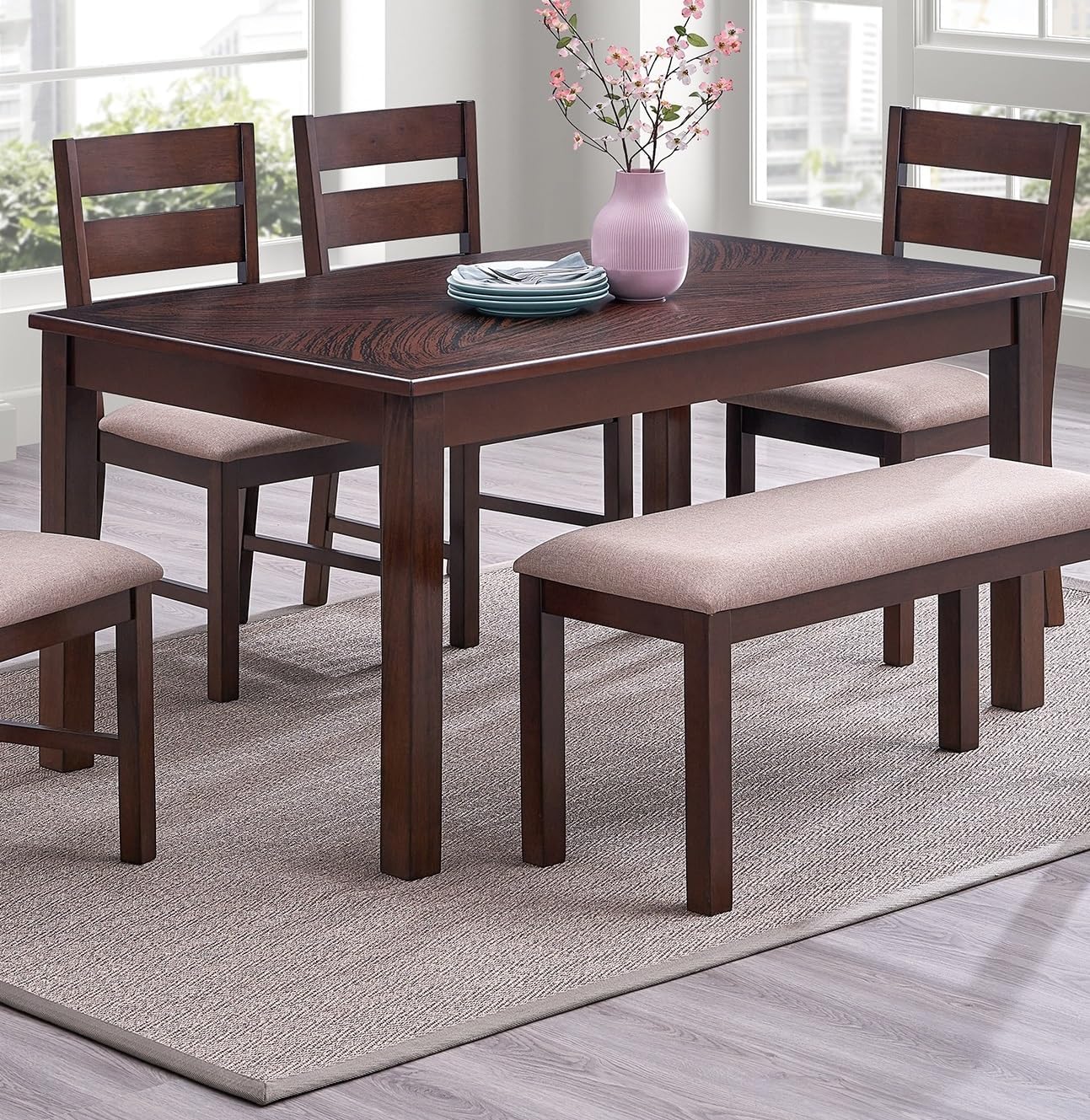 Contemporary Antique Cherry 6pc Dining Set Table and 4X Side Chairs 1x Bench Melamine Table Top Fabric Cushion Seats Chairs Solid wood Dining Room Furniture