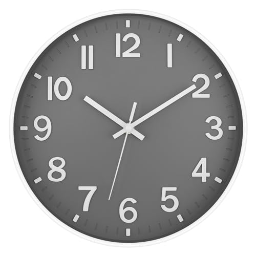 Lumuasky Wall Clock Modern 12 Inch Battery Operated Silent Non-Ticking Decorative Wall Clock for Living Room Bedroom Office Kitchen School Classroom Nursery Decor, 3D Numbers Easy to Read(White-Gray)