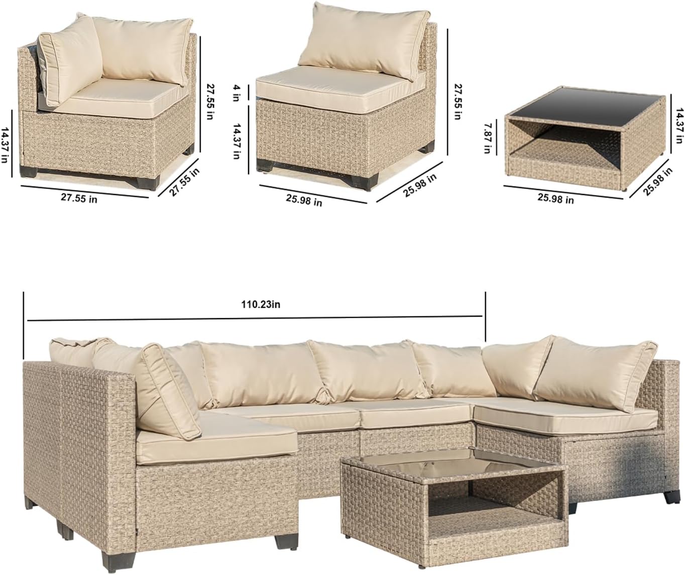 Patio Furniture Set with Glass Top Coffee Table, All-Weather Rattan Wicker Conversation Sofa w/Water Resistant Cushion, 6 Seat Outside Modular Sectional Couches for Garden, Porch, Backyard