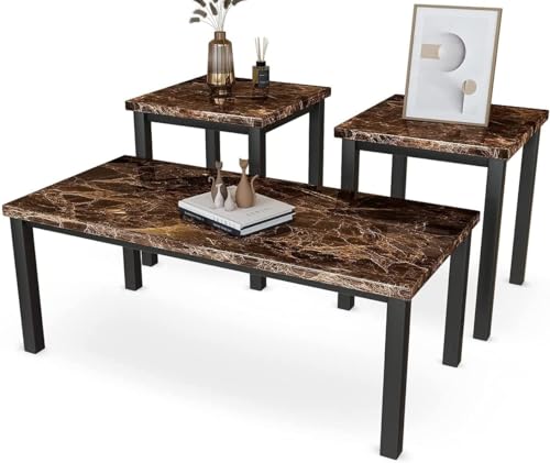 Hooseng Living Room Coffee Table Set-3pcs Faux Marble Living Room Furniture / 2 Side End Tables-Night Stand & Metal Frame-Rectangle, White
