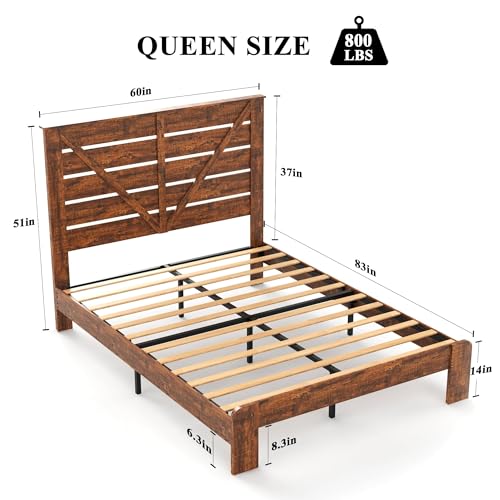 Queen Bed Frame with Wooden Headboard and Wood Slats Support Mattress Foundation,Noise Free Wood Platform Bed Frame,No Box Spring Needed and Easy Assembly,Large Under Bed Storage