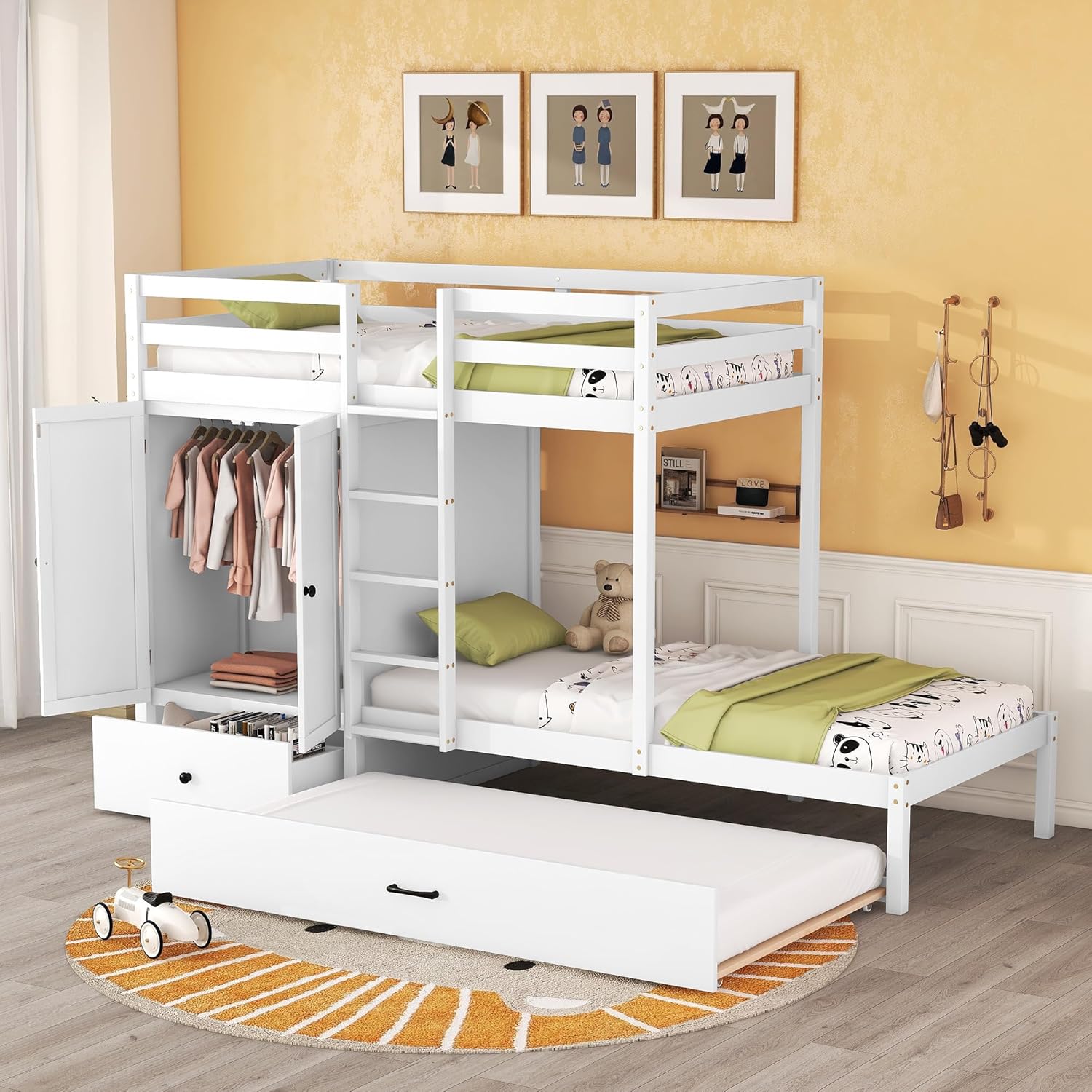 Twin-over-twin Bunk Bed with Wardrobe, Drawers and Shelves, White 108.5X 39.7X 69 inch(LxWxH)