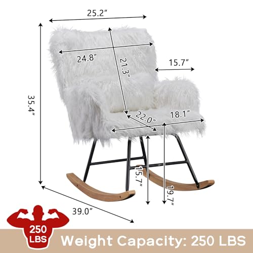 NIOIIKIT Nursery Rocking Chair, Faux Fur Upholstered Glider Rocker with Lumbar Pillow, High Backrest Rocking Accent Chair, Comfy Armchair for Living Room, Bedroom, Office (White)