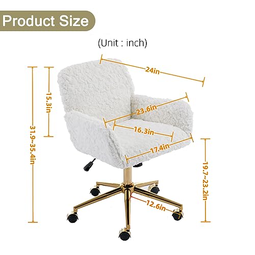 Goujxcy Modern Faux Fur Desk Chair, Elegant White Fluffy Home Office Chair Makeup Vanity Chair for Women Girls, Height Adjustable Swivel Chair with Gold Legs for Bedroom, Dressing Room
