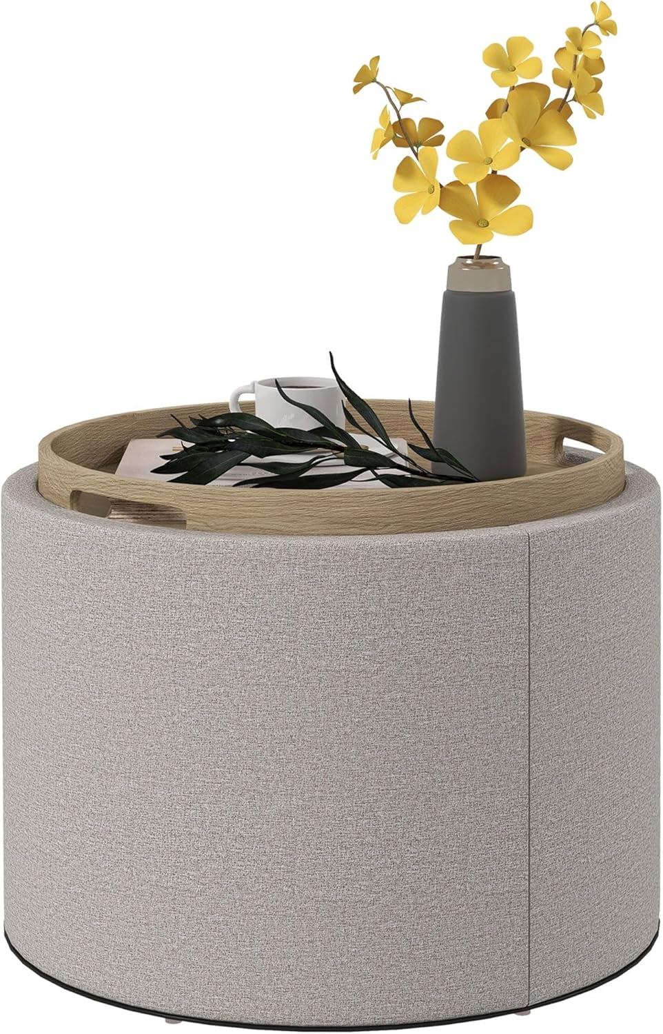 Round Storage Ottoman Coffee Table with Flip Top Tray Grey Solid Modern Contemporary Pattern Square Wood