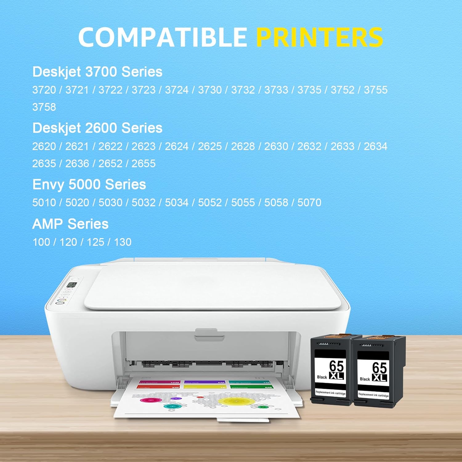 Ink Cartridge Replacement for HP 65 Black Ink Cartridge HP 65 XL 65XL for HP Deskjet 3755 Ink Cartridges 3700 3752 2652 2622 2655 Envy 5055 5052 Printer High Yield (2-Pack, Black)