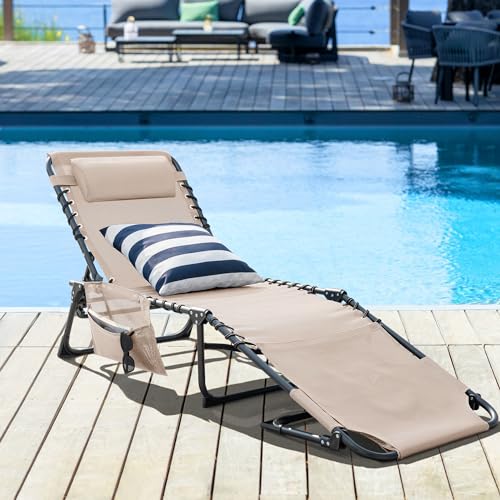 Greesum Chaise Lounge Folding Tanning Chair with 5 Position Adjustable Back, Detachable Pillow & Pocket Outside Pool, Beach, Sunbathing, Black