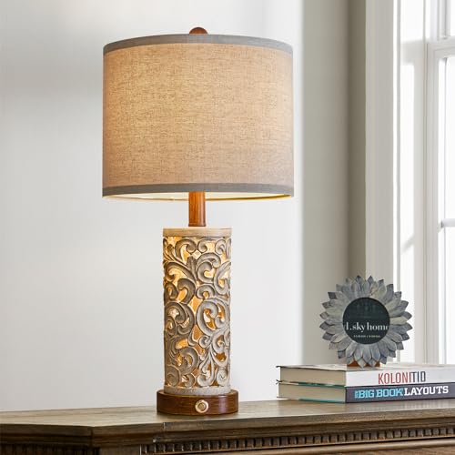 OYEARS 3-Way Dimmable 22'' USB A+C Touch Control Table Lamp Set of 2 with Nightlight for Living Room Bedroom Farmhouse Bedside Nightstand Lamps (Bulb Included)