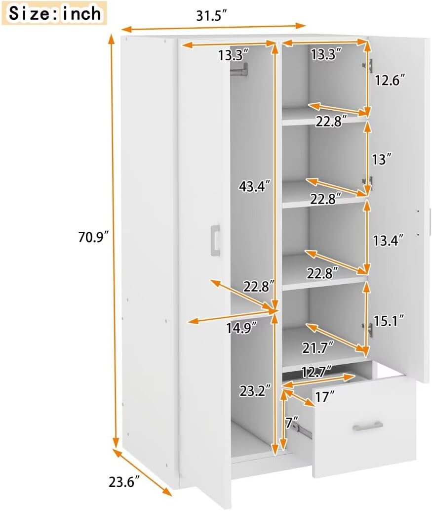 Wooden Wardrobe with Double Doors, 2 Door Wood Wardrobe with 5 Fixed Shelves, One Storage Drawer, Modern Armoire Wardrobe Closet with Hanging Rod (White)
