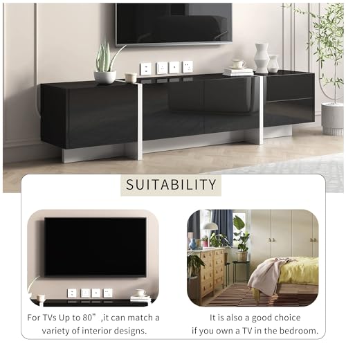 Contemporary Rectangle Design TV Stand for Television Up to 80 Inch, Unique Style Console Table, Modern Storage Cabinet with High Gloss UV Surface for Living Room 74.8 Inch Length