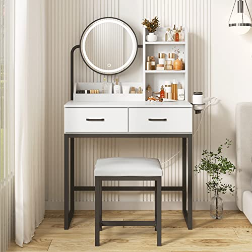 Makeup Vanity Desk with Round Mirror and Lights, White Vanity Makeup Table with Hair Dryer Rack, Small Vanity Table for Bedroom with Lots Storage (Brown and Black, 15.75 * 31.5 * 53.6in)