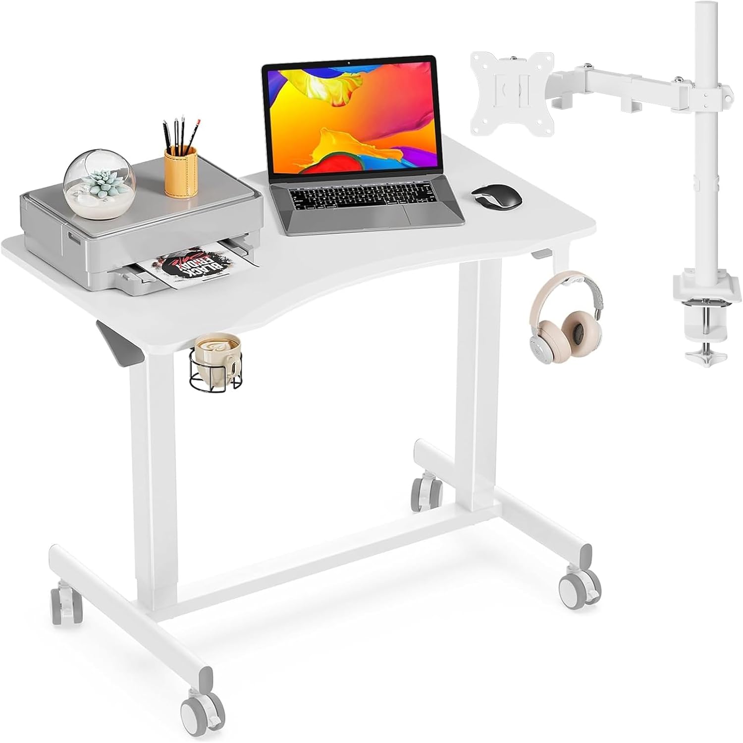 JOY worker Mobile Standing Desk with Single Monitor Mount, 35In Small Standing Desk with Curved Desktop, Pneumatic Height Adjustable Rolling Desk Holds Up to 33lbs, White Mobile Laptop Desk with Hook