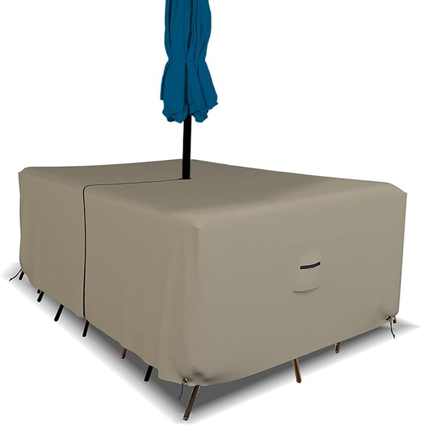 Covers & all Rectangle Table & Chair Set Cover, Umbrella Hole, 12 Oz Waterproof UV & Weather Resistant, Patio Lawn Garden Backyard Furniture, Air Vents & Drawstrings (76''L x 46''W x 30''H, Beige)