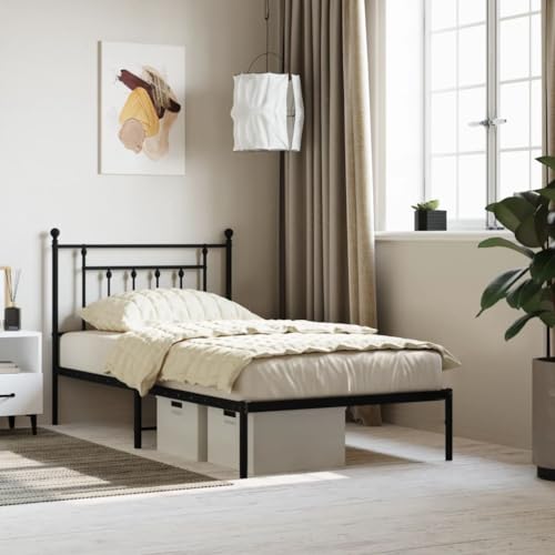 vidaXL Black Metal Bed Frame, Headboard Included, Durable Steel Construction, Storage Space, Industrial Design