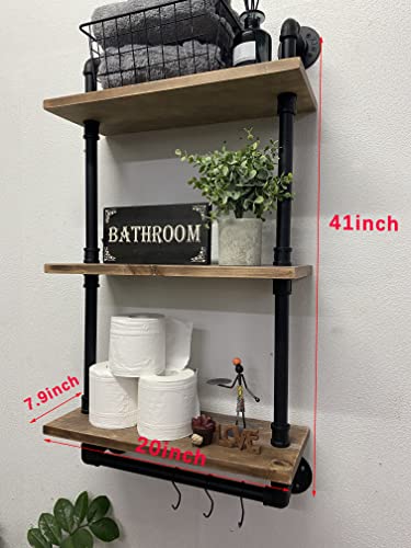 ROGMARS 3-Tier Real Pine Wood Floating Shelf, 20x7.87x41.3in, Industrial Retro Style, Bathroom Wall Shelves, Kitchen Shelves