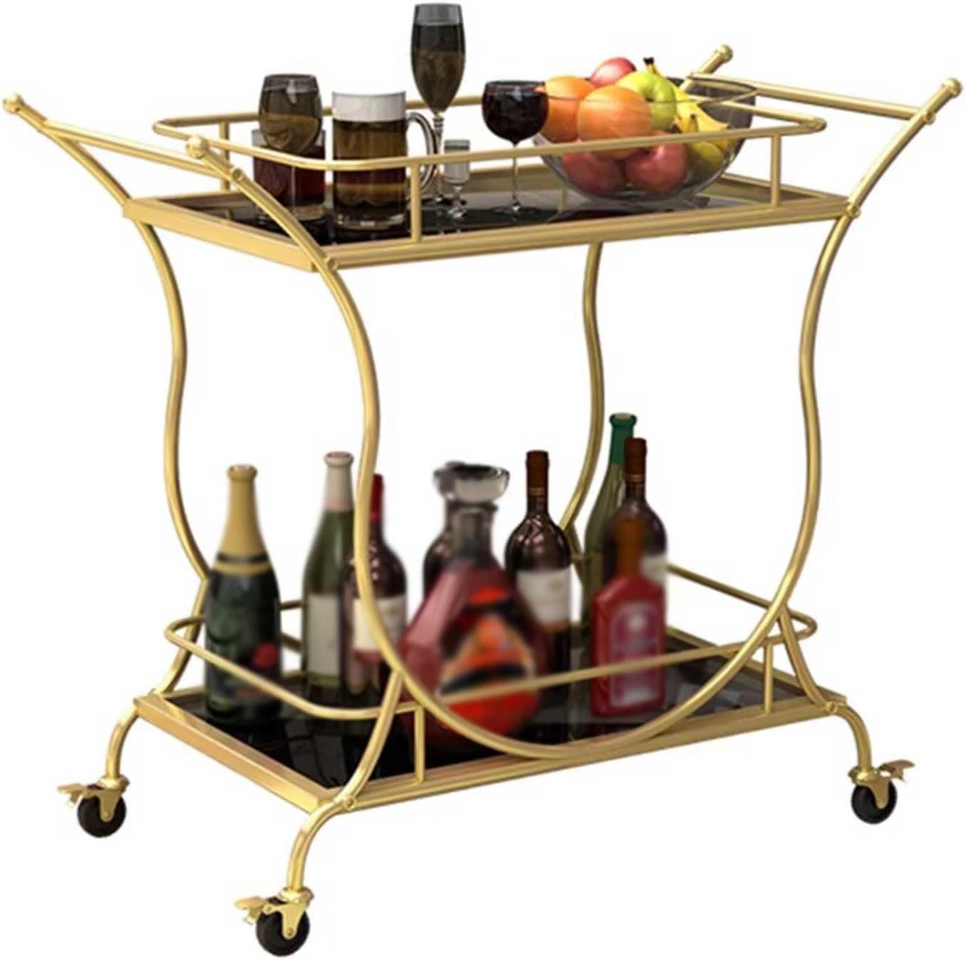 Kitchen Cart 2-Tier Wine Bar Serving Cart for Home, Wine Trolley Rolling Bar Cart with Wheels, Handle, Metal Glass Wine Rack Storage, for Kitchen