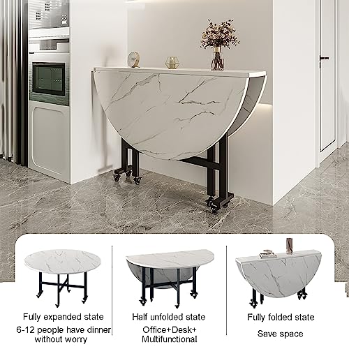 Drop Leaf Kitchen Table, Round Folding Dining Table for Small Spaces, Versatile Collapsible Extension Dinner Kitchen Office Desk Table, 6 Wheels, Sturdy Metal Frame, Space Saving, 4-8people (