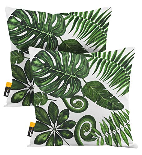 Tropical Leaves Outdoor Pillows White - Set of 2 - Quality Construction 20 INCH Indoor/Outdoor Boho Decorative Pillows (20x20)