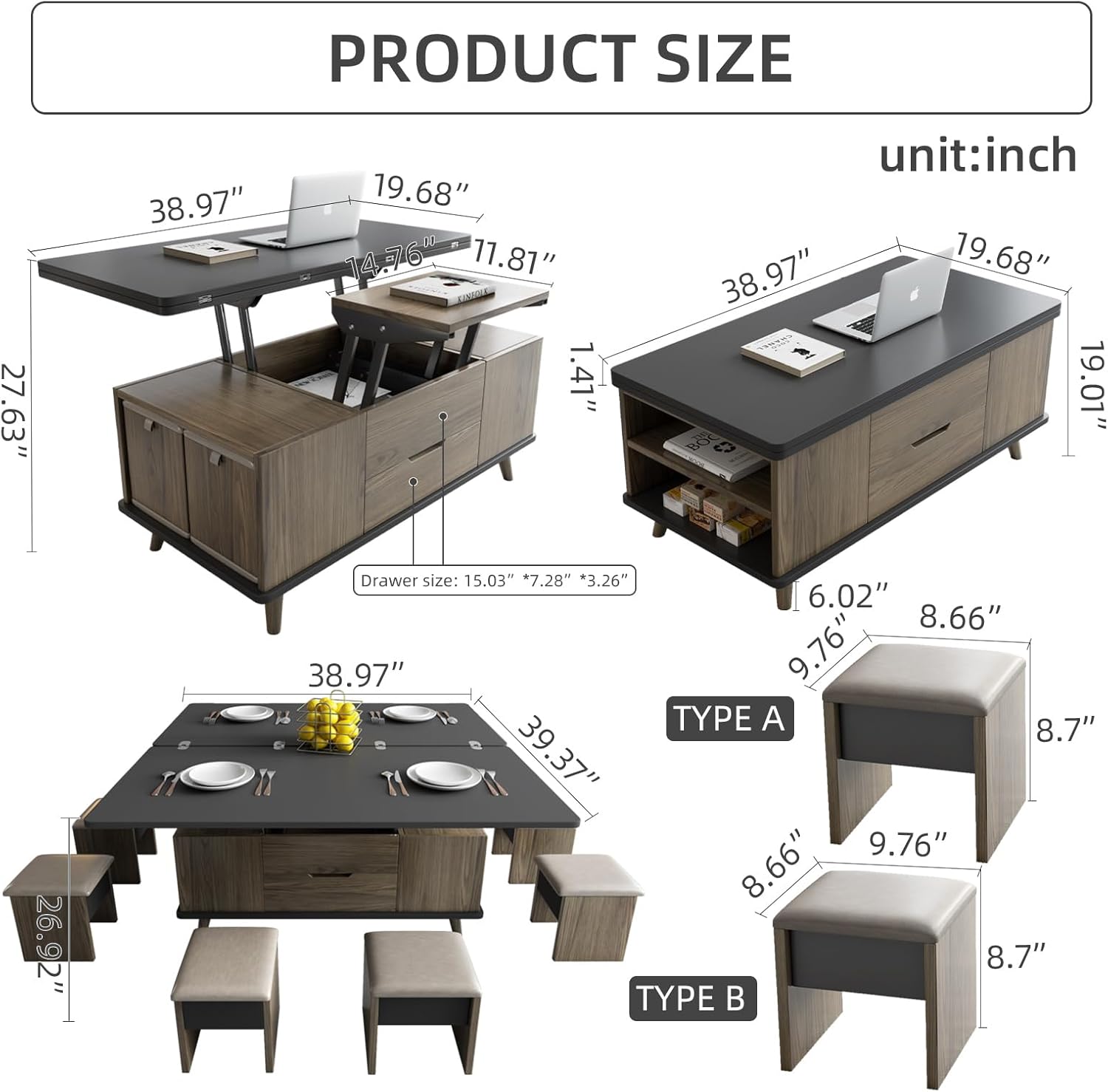3-in-1 Rising Tabletop Coffee Table, Multi-Functional Lift Top Coffee Table with 4 Stools for Living Room, Expandable Dining Table, Lift Tabletop Office Desk