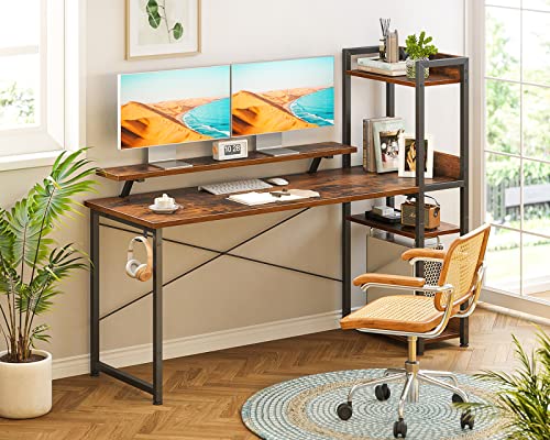 ODK Computer Desk with Storage Shelves and Monitor Stand, 55 Inch Gaming Desk with Bookshelf, Reversible Study Table for Home Office, Writing Desk, Vintage