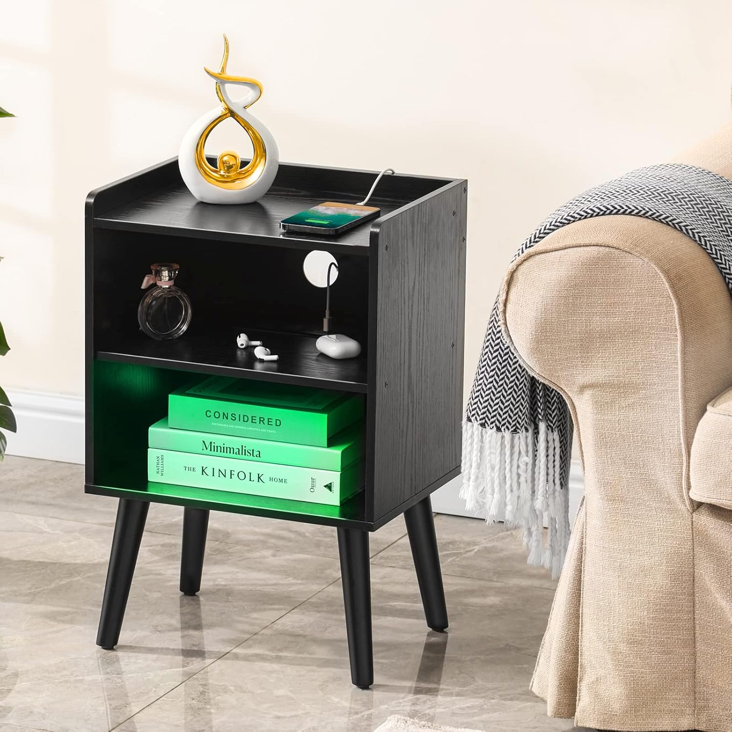 Night Stand with Fast USB-C Port, Bedside Table with LED Light for Bedroom, Mid Century Modern Nightstand, Side Table with Charging Station Set of 2 - Small C Table Narrow End Table