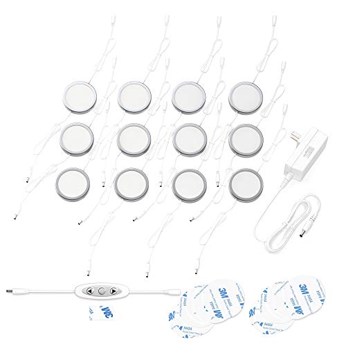 EShine Under Cabinet LED Puck Lights with Dimmer Switch, Dimmable, 3 Pcs, White Round Under Counter Lights for Kitchen, Garage, Office, Desk - Cool White (6000K)