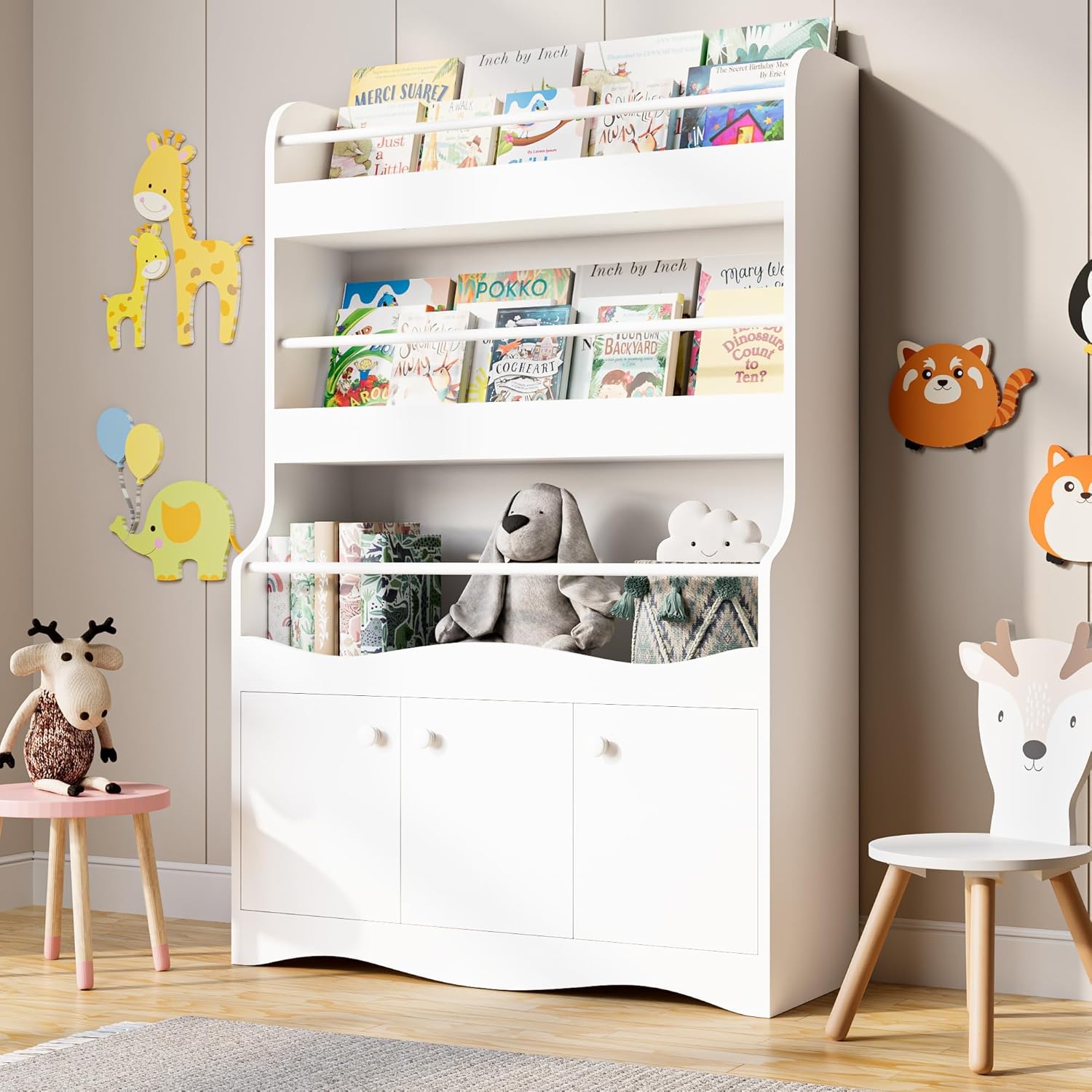 Cozy Castle 3 Tiers Kids Bookshelf, Multifunctional Book and Toy Storage Organizer, Wooden Kids Bookcase with Cabinet for Bedroom, Playroom, Nursery, White