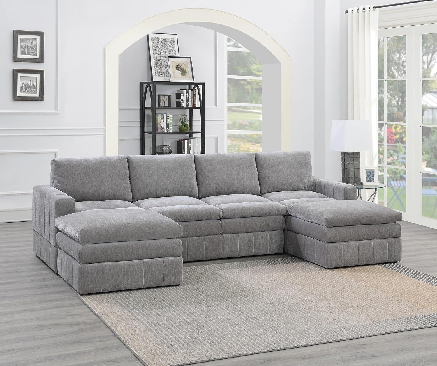 Contemporary 6pc Set Modular Sectional Set 2X One Arm Chair/Wedge 2X Armless Chairs 2X Ottomans Granite Color Morgan Fabric Plush Living Room Furniture