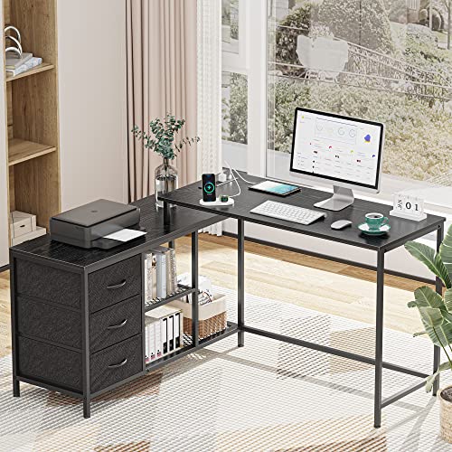 L Desk with Power Outlets, Office Desk with Drawers & Shelves, Corner Desk Gaming Desk,Grey