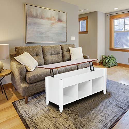 Lift Top Coffee Table with Hidden Compartment and Open Storage Shelf Pop Up Center Table 3 Compartment Storage Cabinets for Living Room Reception (White)