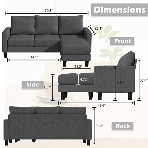 YESHOMY Convertible Sectional Sofa with Comfortable Backrest,L-Shaped Couch with Modern Cotton Fabric for Living Room, Dark Gray