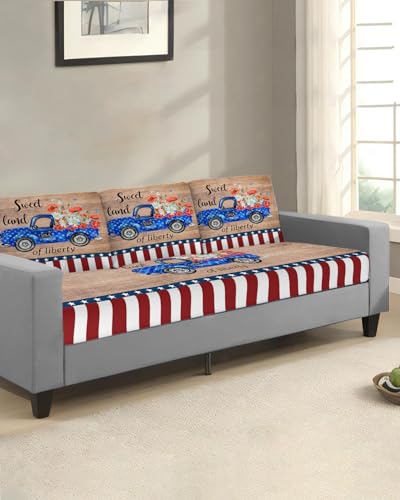 Couch Cushion Covers, US Flag Patriotic Star Blue Red Plaid Retro Wood Grain Sofa Seat Cushion Covers, Universal High Stretch Sofa Slipcover Couch Covers Furniture Protector for Kids Pets