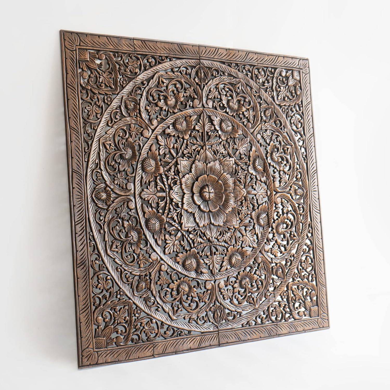 Dark Wood Wall Art Hanging, Twin Bed Headboard in Teak, Handcrafted Eco-Friendly Sculpture from Thailand, 48 inches