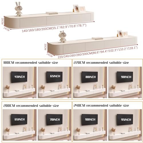 Floating TV Stand Unit 120/180/240/300cm Wall Mounted TV Cabinet with Door Floating TV Cabinet Large Storage TV Bench for Living Room(Black,300x20x24CM)