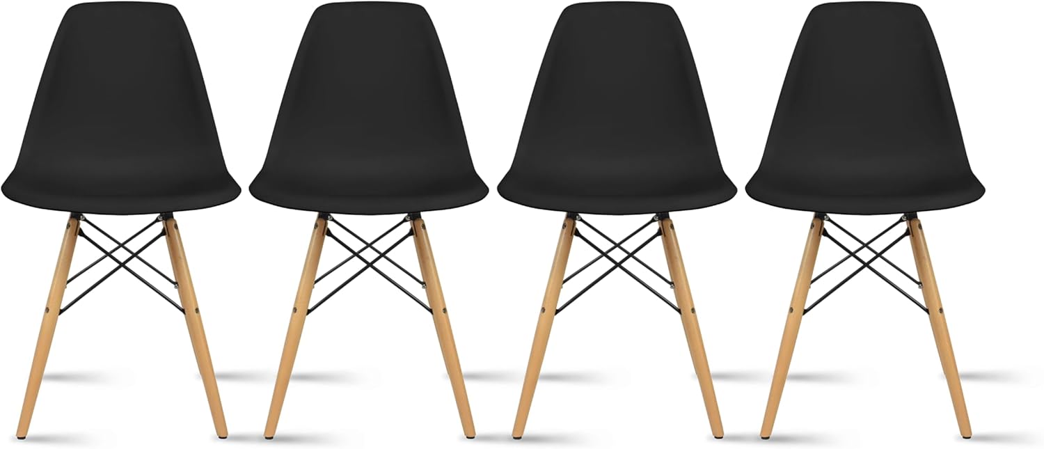 2xhome Modern Plastic Side Dining Chairs No Arms with Back Natural Wood Wooden Legs, Set of 4, Black