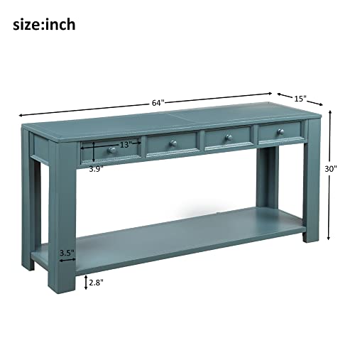 64 Inch Long Console Table, with 4 Drawers and Bottom Shelf, Farmhouse Sofa Table for Entryway Hallway Living Room-Antique White