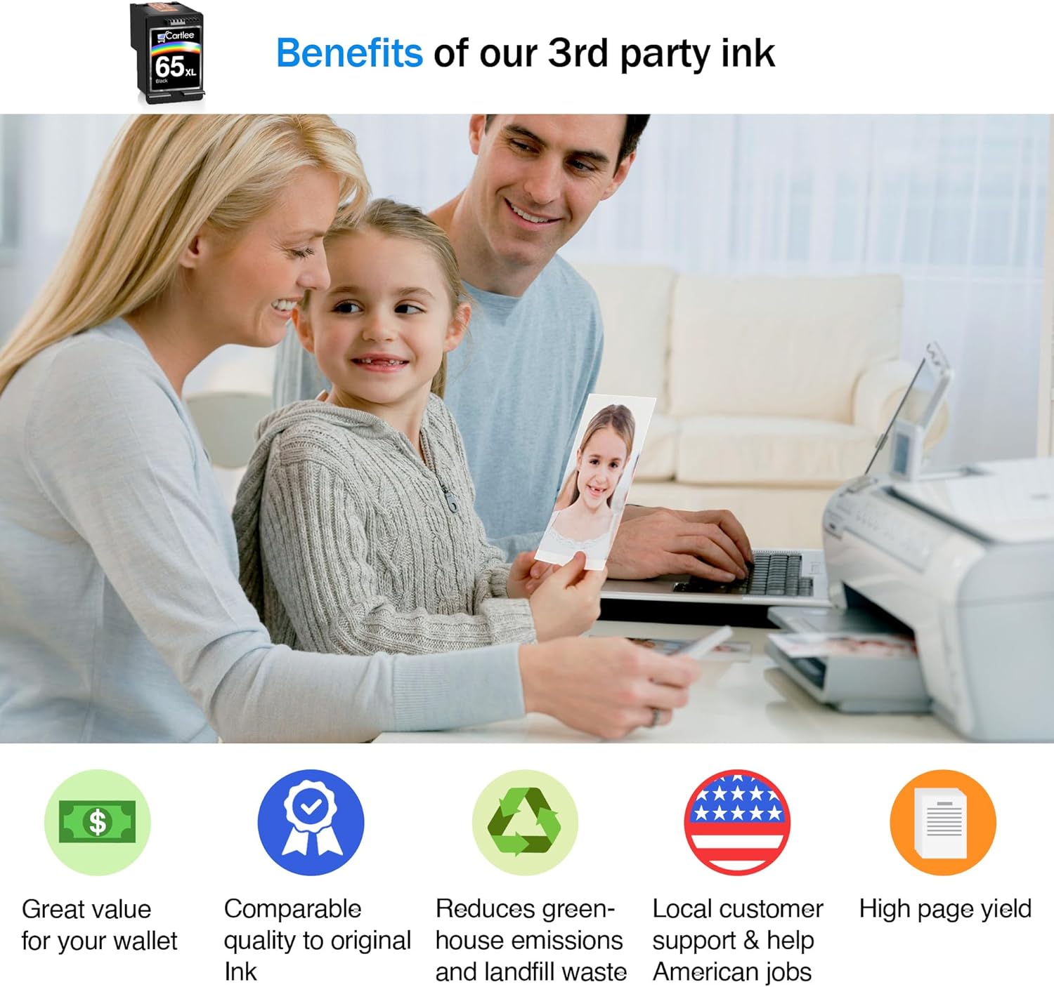 Cartlee Remanufactured 65XL 65 XL High Yield Ink Cartridge for HP DeskJet 2600 2622 2635 2652 2655 3700 3720 3722 3752 3755 Envy 5000 5052 5055 AMP 100 Printer Series (1 Black)