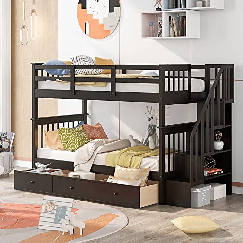Merax Full Over Full Bunk Bed with Trundle, Wood Full Bed Frame with Staircase, Storage Space, and Guard Rail for Teens, Adults, Suitable for Bedroom, Dorm, Grey