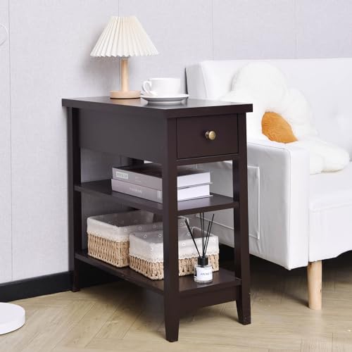 End Table with Drawer and Double Shelves, Side Table Sofa Table Nightstand for Small Spaces, Living Room, Bedroom, Office