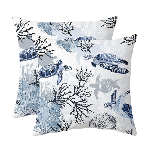 Nautical Coastal Throw Pillow Covers Set of 2 Beach Themed Ocean Coral Sea Turtle Decorative Pillow Cases Outdoor Sofa Cushion Cover for Bedroom Living Room, 18x18, Blue