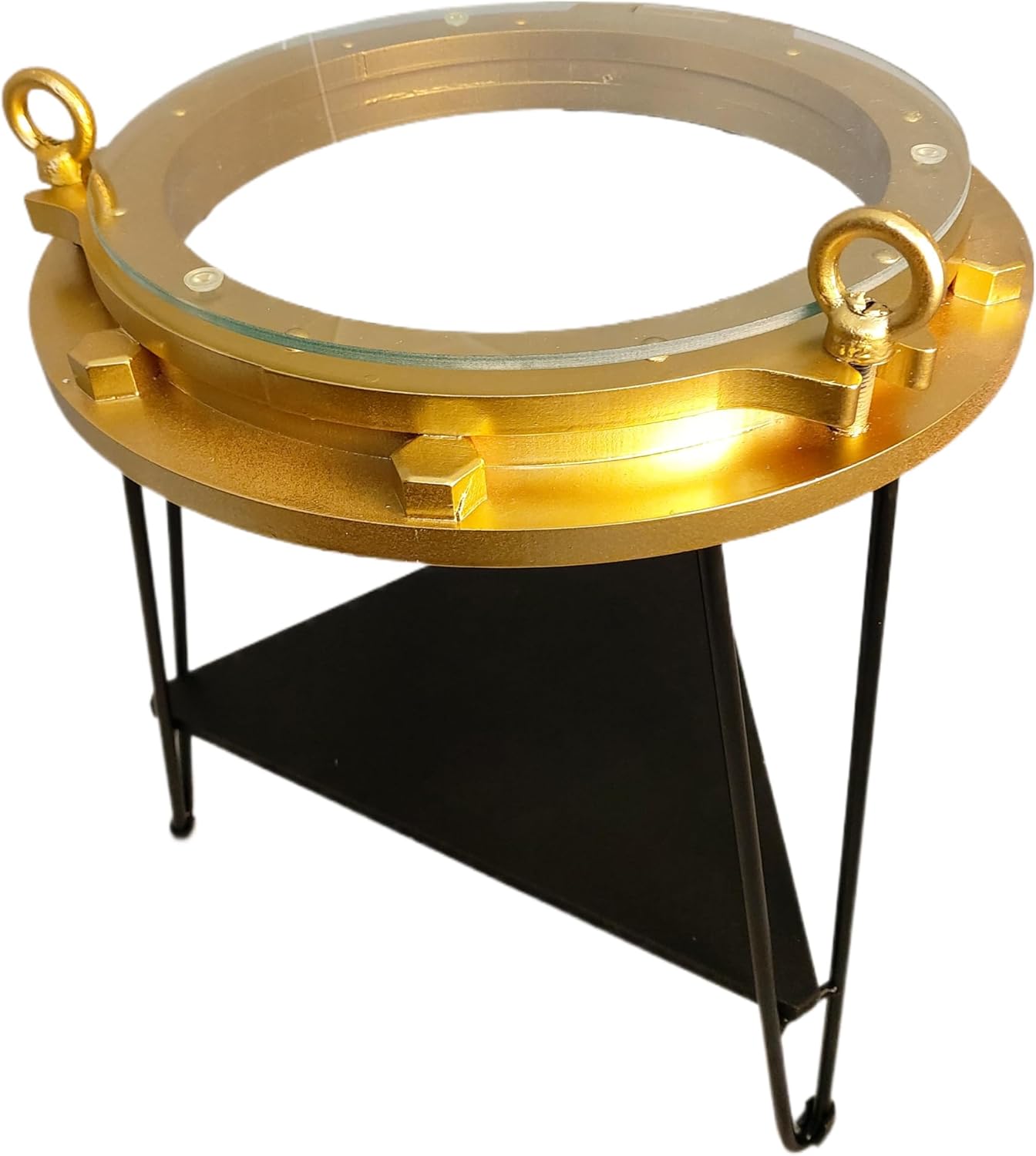 DRH - Nautical Wood Ship Porthole Table - Gold Color with Black Metal Legs - Round Accent Table for Beach House and Boats - Coastal Theme - Perfect as Coffee Table and End Table